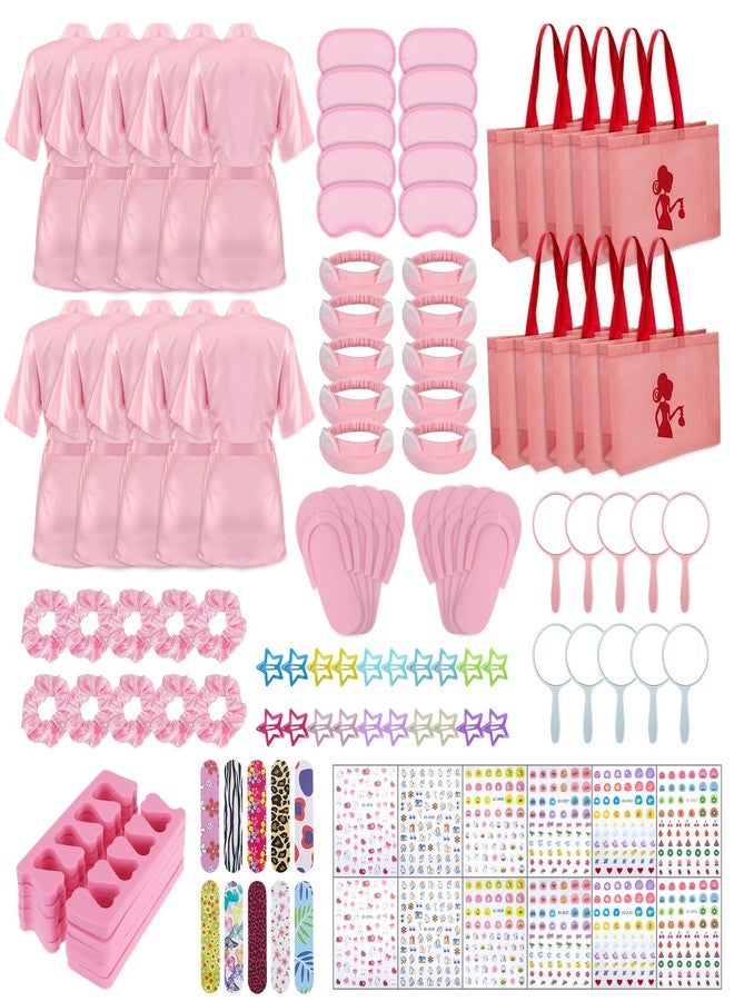 Hoemwarm 122 Pcs Pink Girls Spa Party Kit, 10-Pack Slumber Party Favors with Satin Robes, Tote Bags, and Nail Salon Accessories for Kids Spa Birthday, Halloween, Home Party Supplies - Image 1